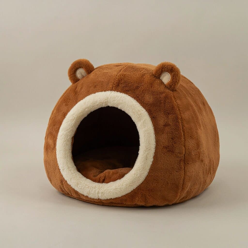 Cama cueva de felpa marrón para gatos con forma de oso y borde de felpa blanca