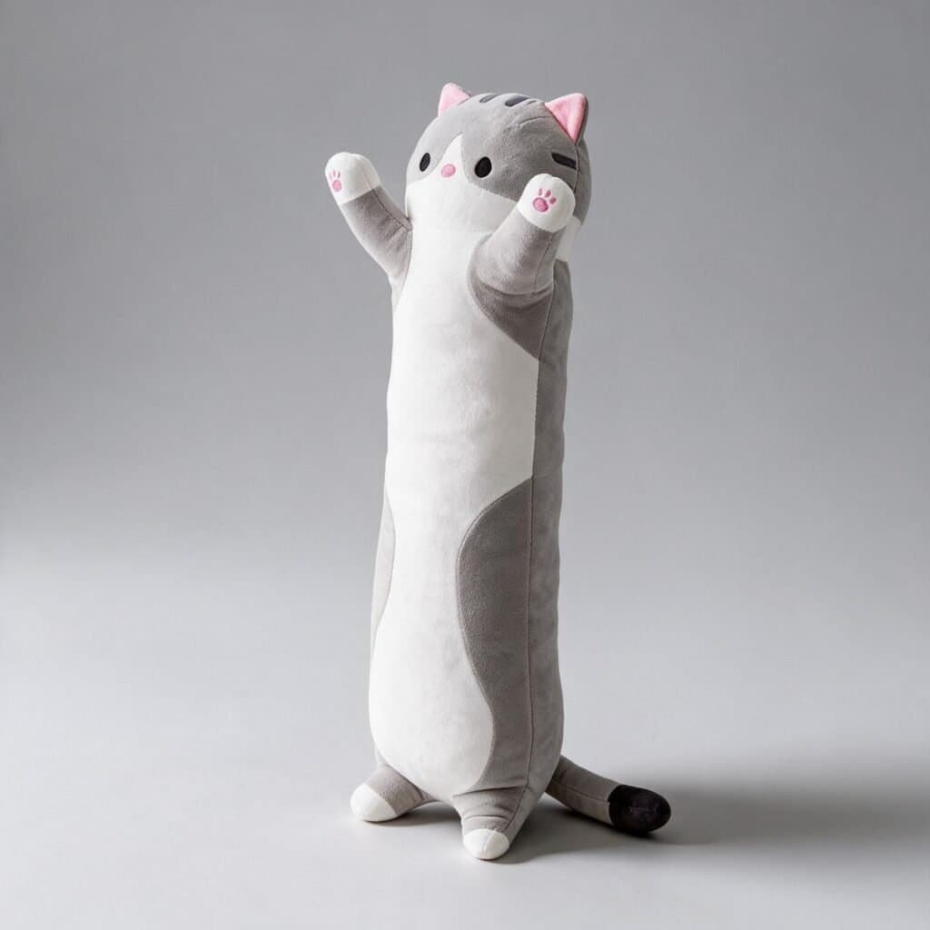Peluche alargado con forma de gato gris y blanco, de pie con las patas levantadas, sobre fondo gris