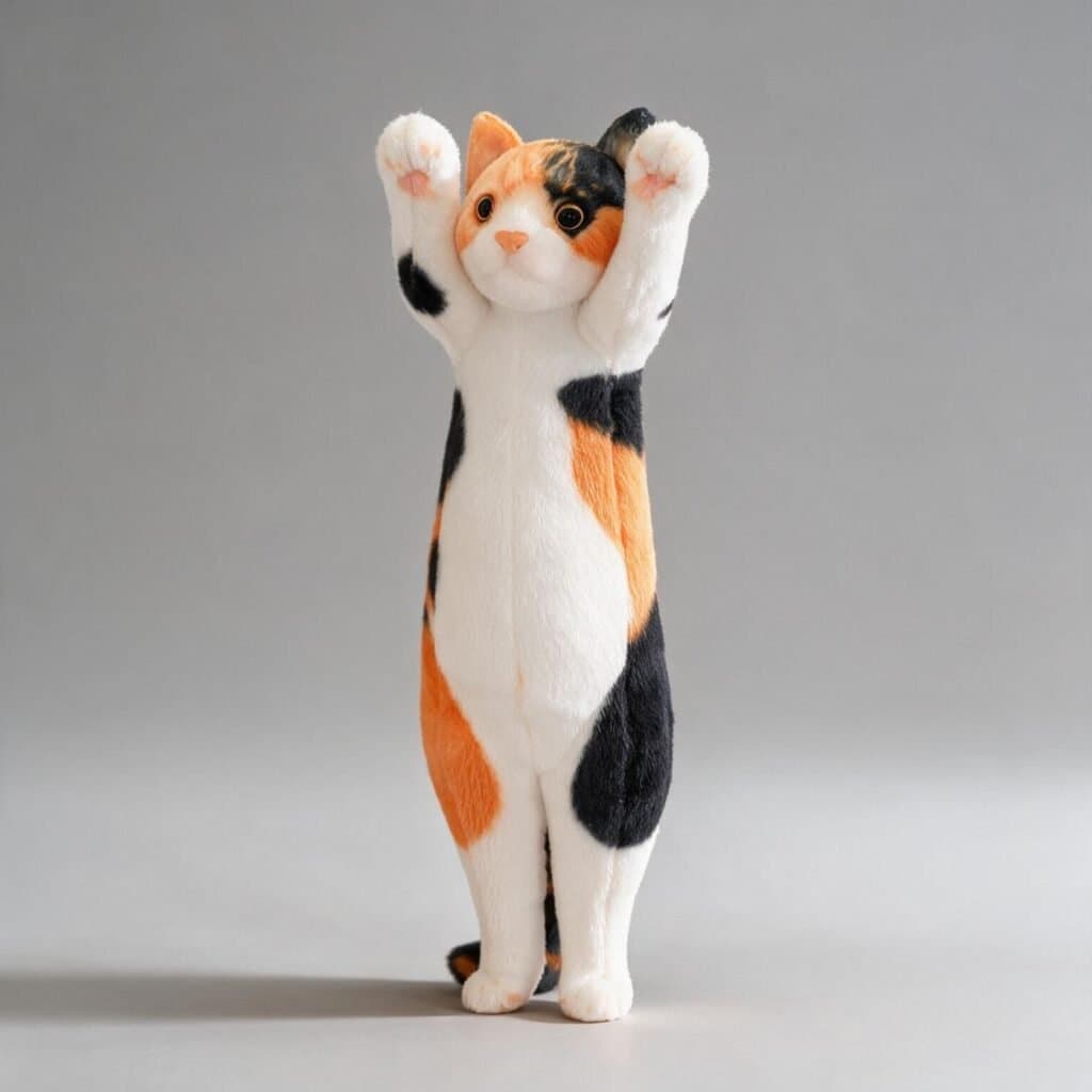 Peluche de gato tricolor de pie con las patas levantadas