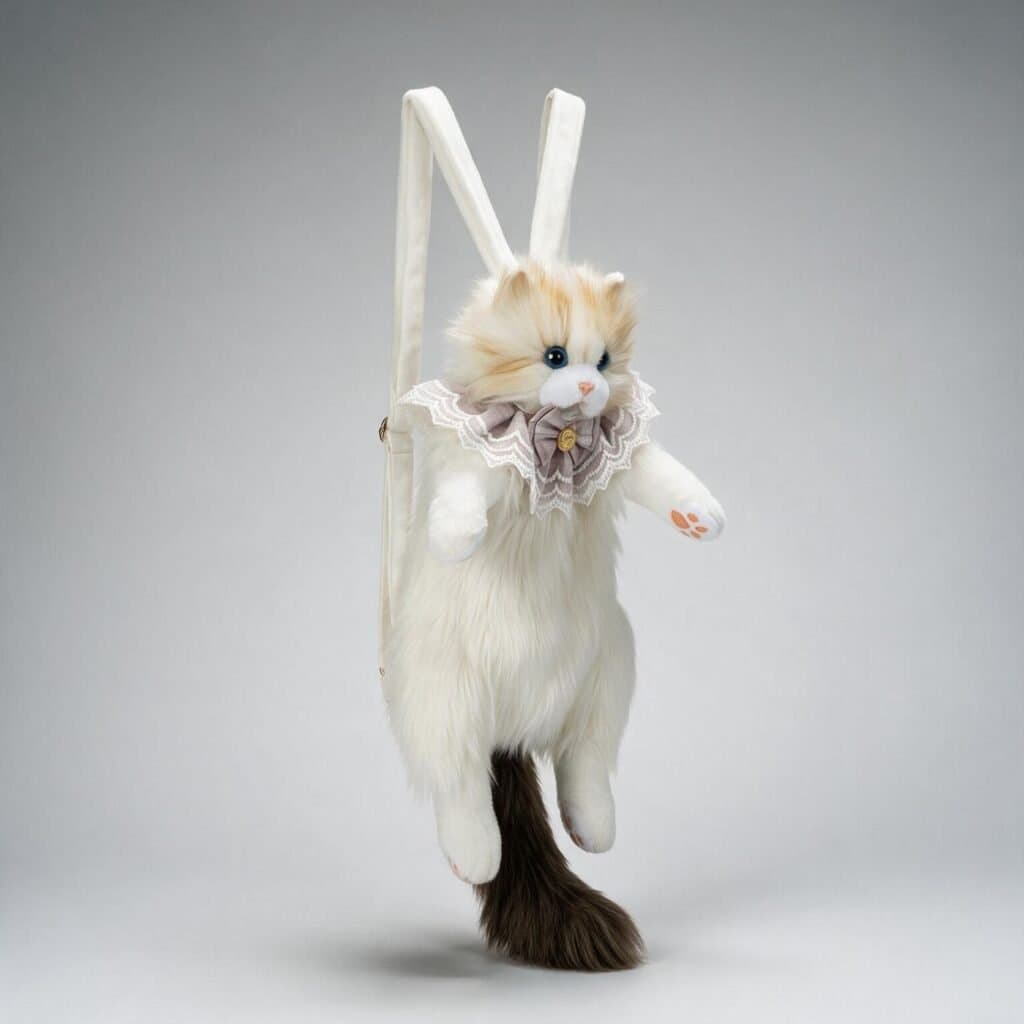 Mochila de peluche con forma de gato, cuello de encaje y cola larga