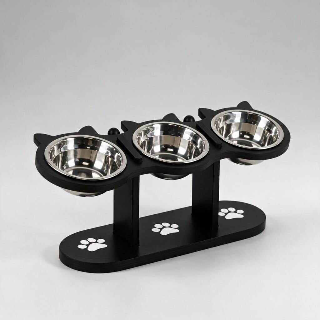 Comedero elevado con tres tazones de acero inoxidable en aros con orejas de gato y huellas en la base