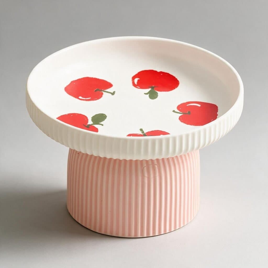 Cuenco de ceramica ancho con estampado de manzanas rojas sobre pie estriado rosa
