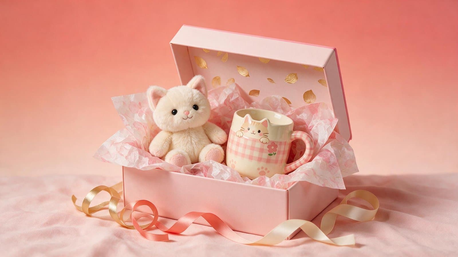 Caja de regalo abierta con un peluche de gato y una taza