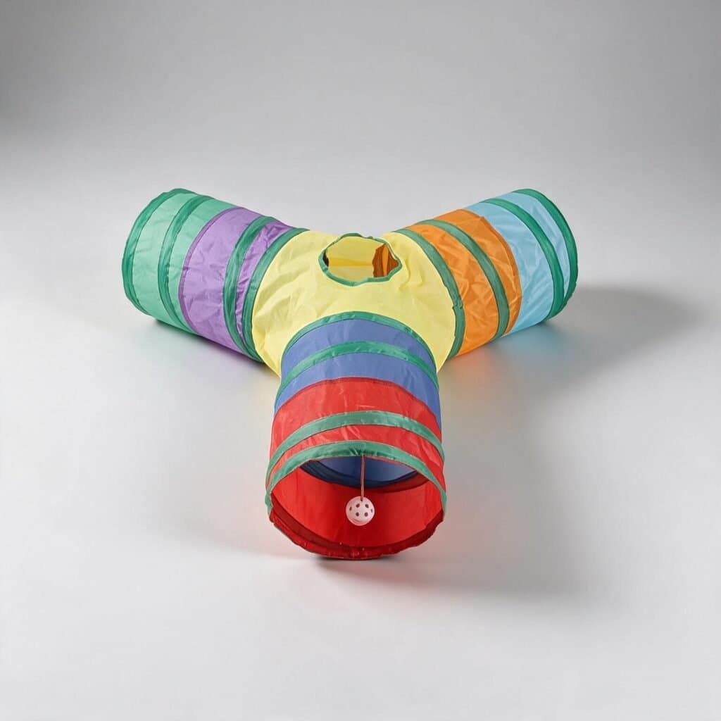 Túnel laberinto plegable de tres vías para gatos, de tela a rayas de colores con pelota colgante