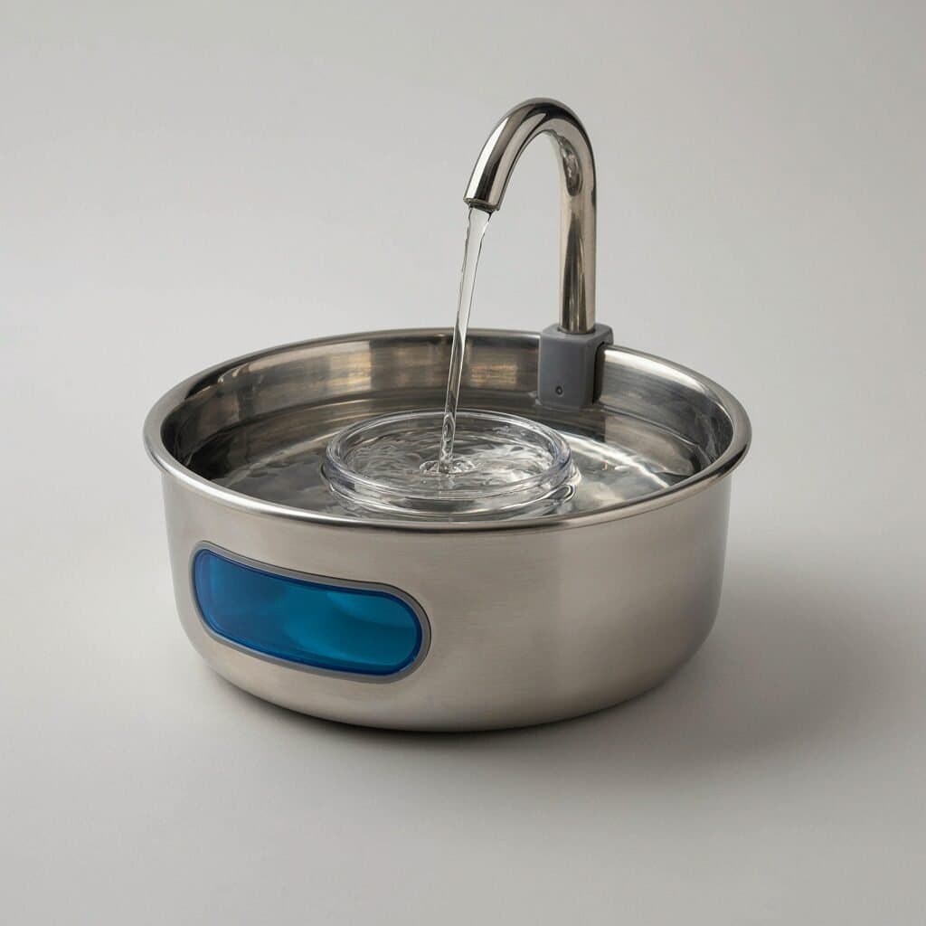 Fuente de agua de acero inoxidable para gatos de 2,8 litros, con ventana azul de nivel de agua